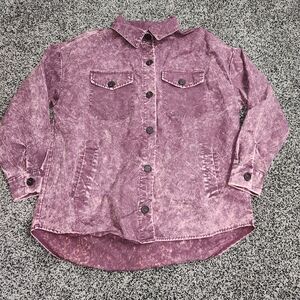 Zenana Long Sleeve‎ Acid Wash Button Up Shacket Purple Magenta Women Sz M Pocket